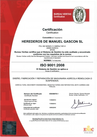 Gascón International obtains ISO 9001 Quality Certification in design, engineering and manufacturing of agricultural machinery